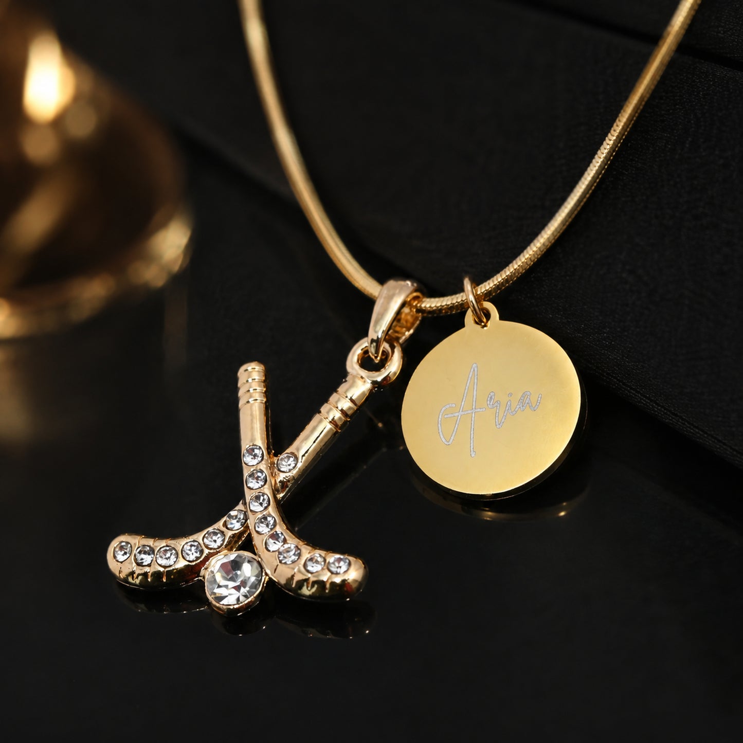 Rhinestone Field Hockey Necklace - Custom Engraved Coin