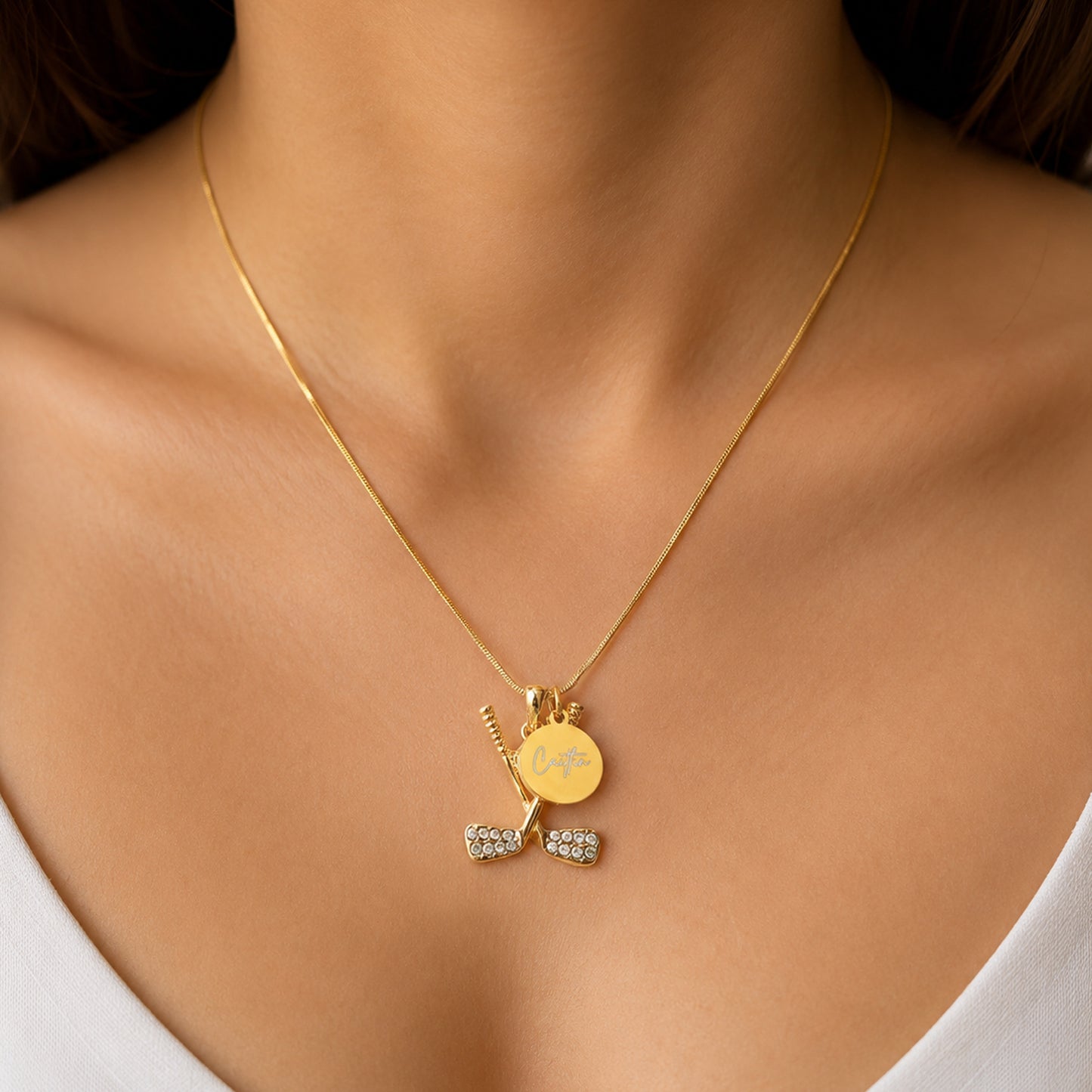 Personalized Rhinestone Golf Necklace with Coin Charm
