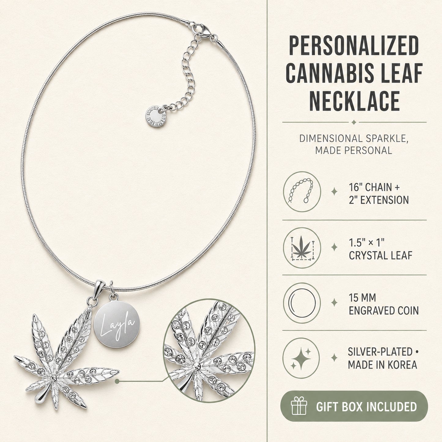 Personalized Crystal Cannabis Leaf Necklace