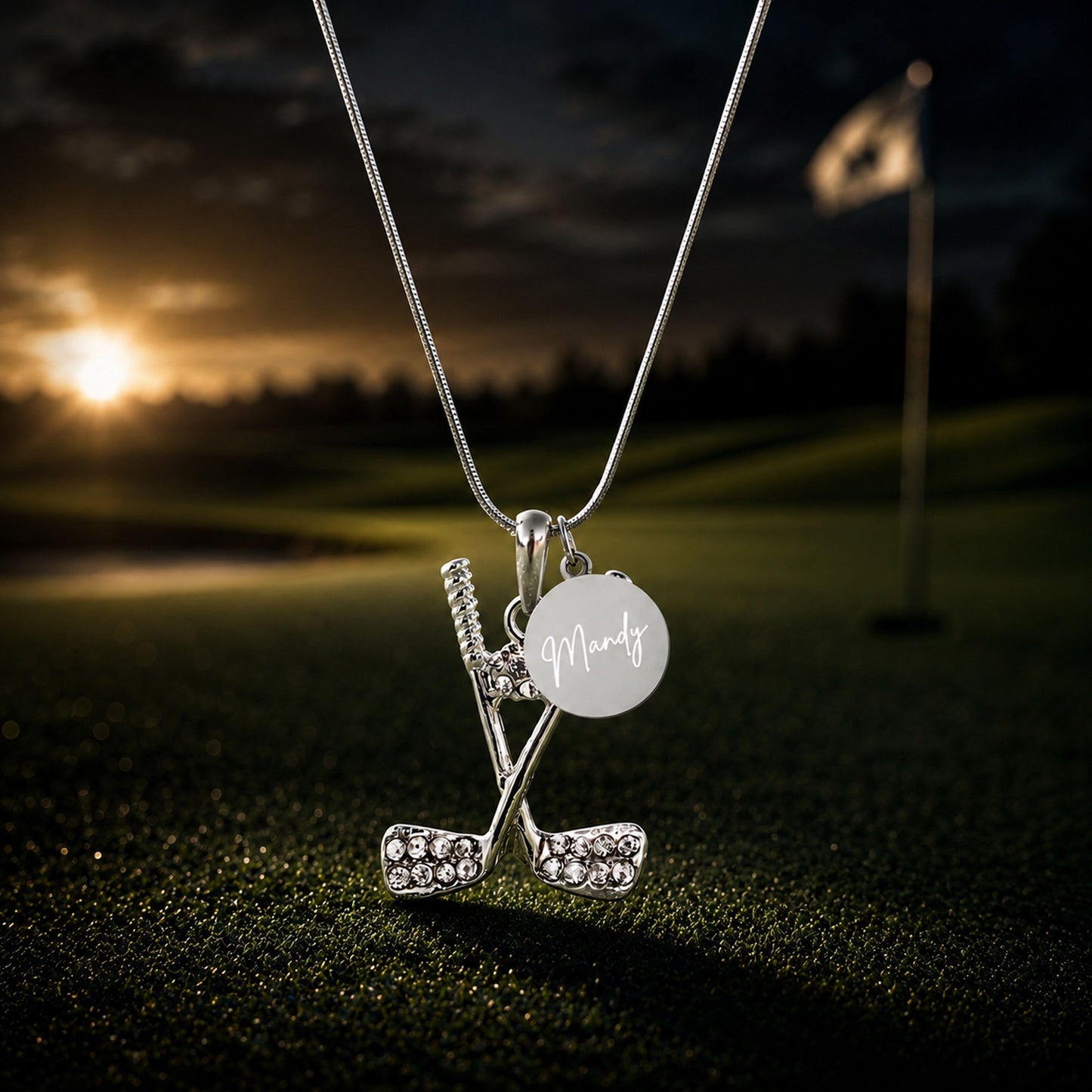 Rhinestone Golf Pendant Necklace - Custom Engraved Coin