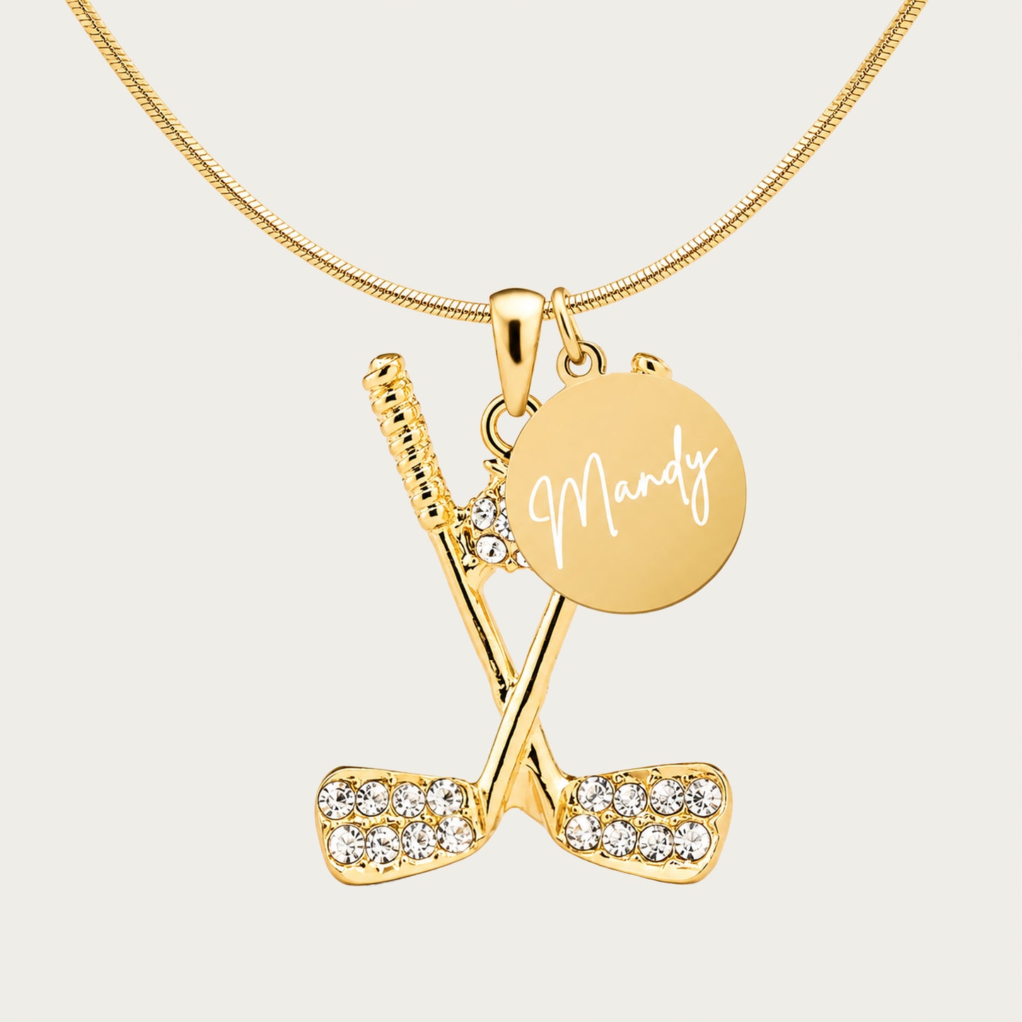 Rhinestone Golf Pendant Necklace - Custom Engraved Coin