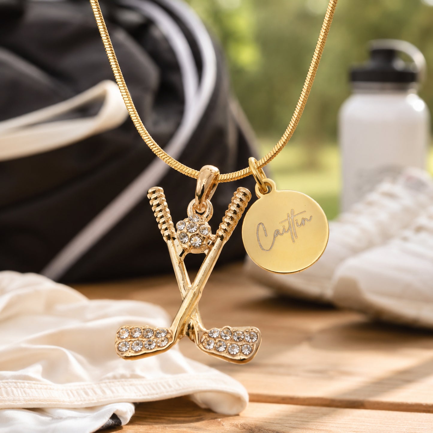 Rhinestone Golf Pendant Necklace - Custom Engraved Coin