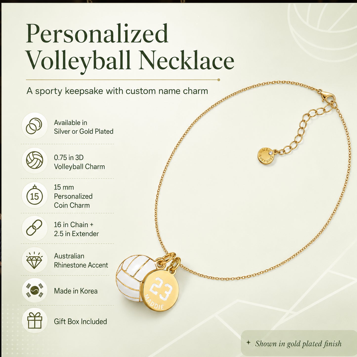 Personalized 3D Volleyball Necklace with Coin Charm