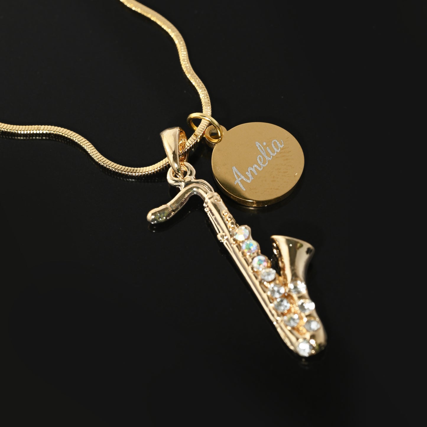 Personalized Saxophone Pendant & Engraved Charm Necklace