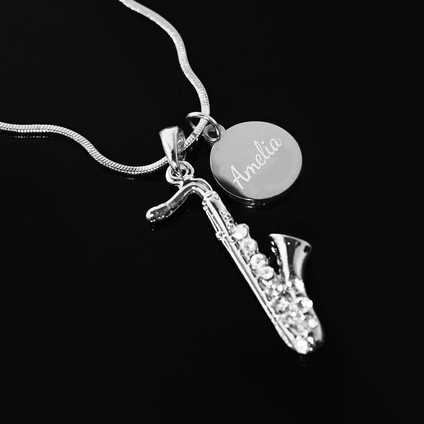 Personalized Saxophone Pendant & Engraved Charm Necklace