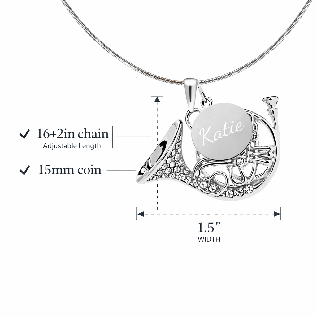 Personalized French Horn Pendant & Engraved Charm Necklace