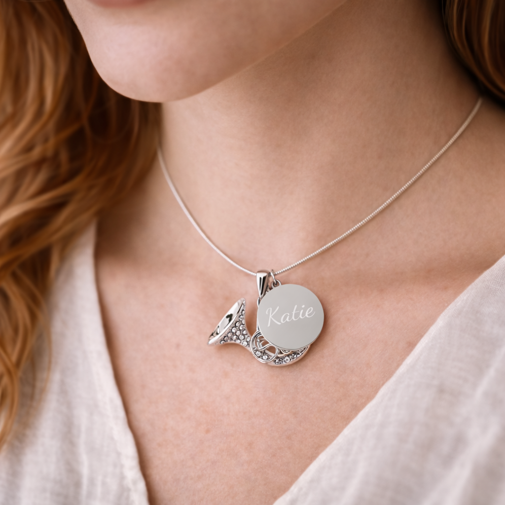 Personalized French Horn Pendant & Engraved Charm Necklace