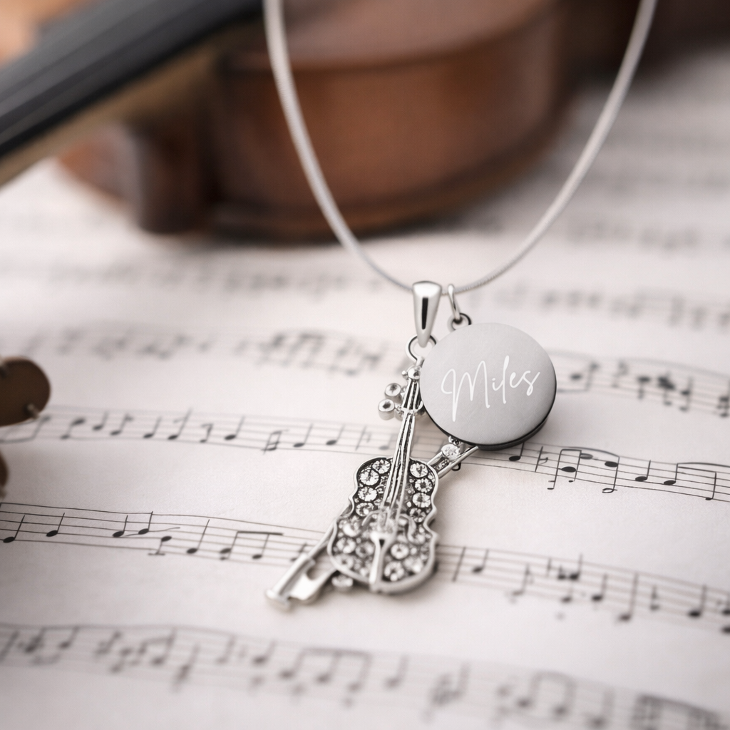 Personalized Viola Pendant & Engraved Charm Necklace