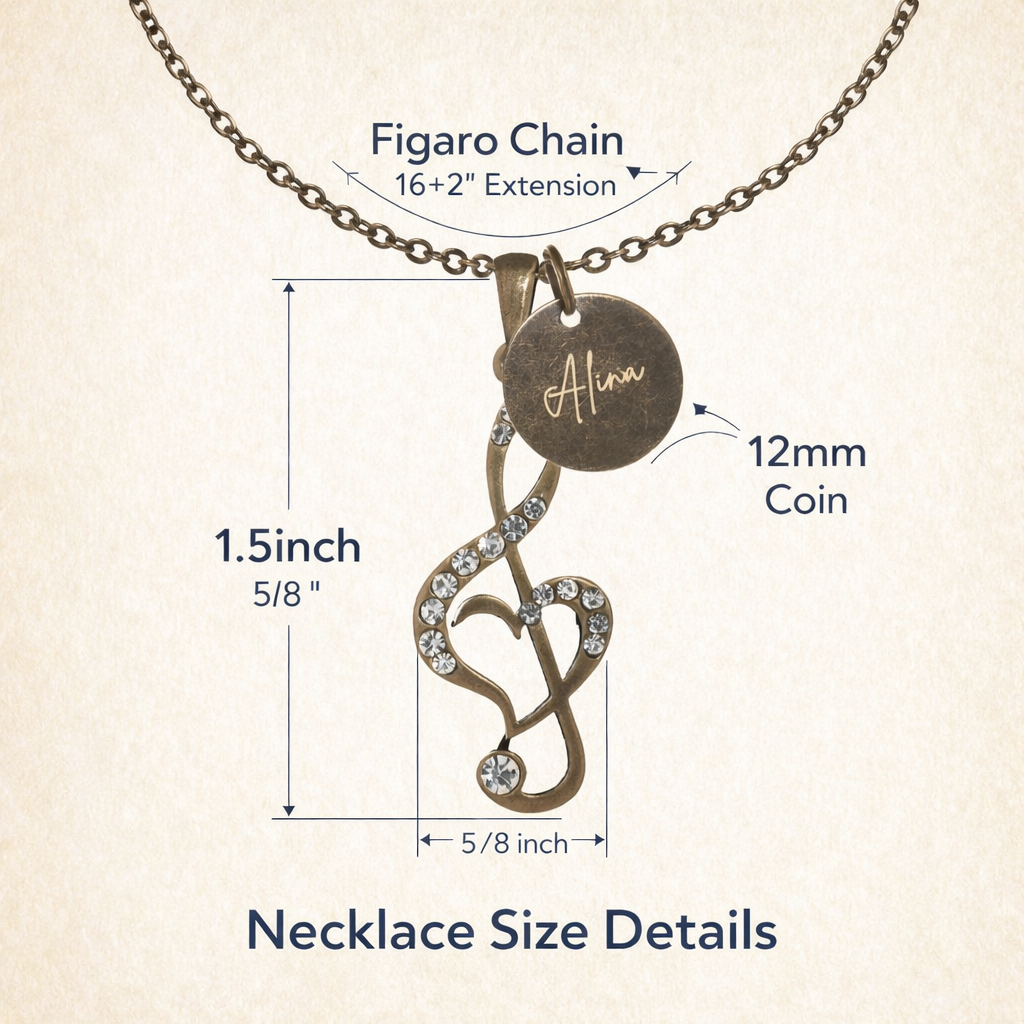 Antique Bronze Rhinestone Treble Clef Necklace with Engraved Coin