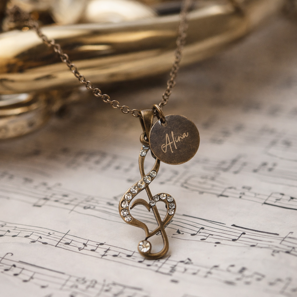 Antique Bronze Rhinestone Treble Clef Necklace with Engraved Coin