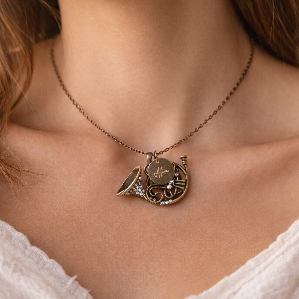 Antique Bronze French Horn Necklace with Engraved Coin