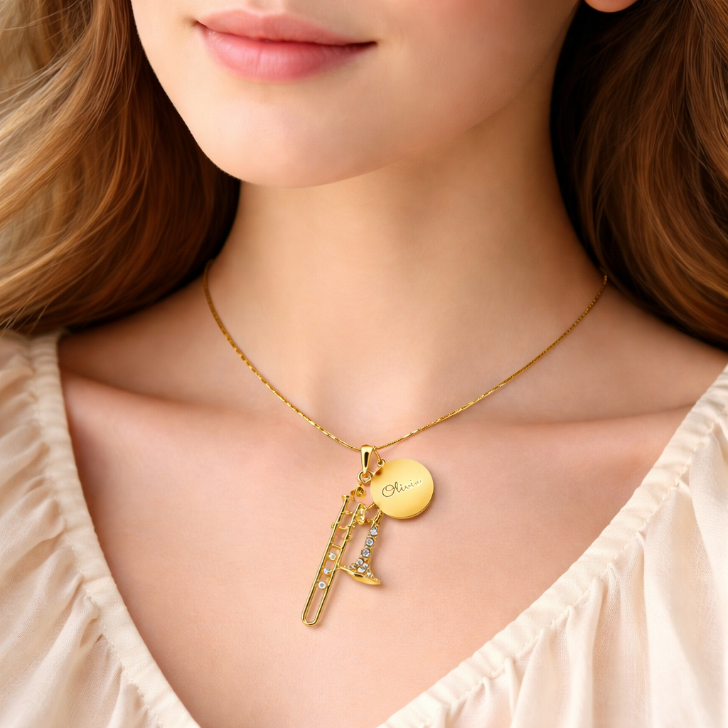 Personalized Trombone Pendant & Engraved Charm Necklace