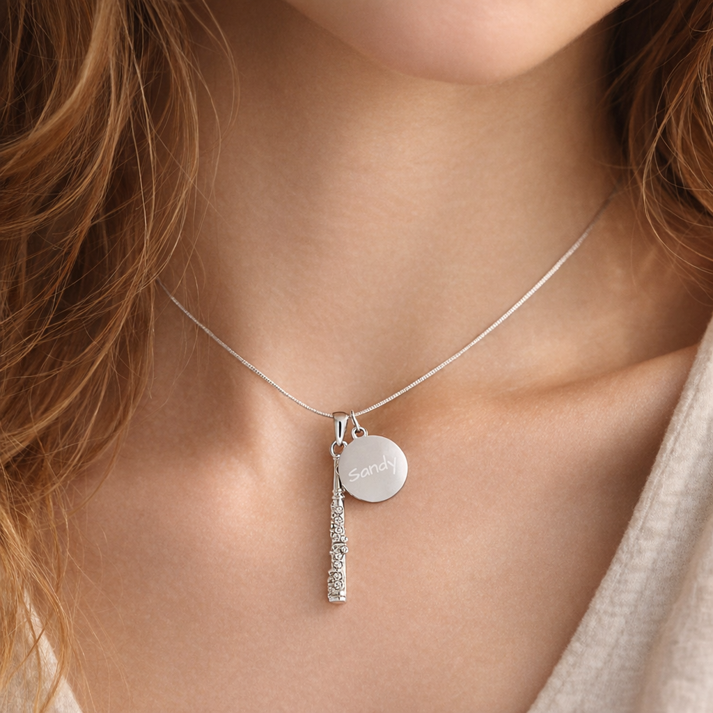 Personalized Rhinestone Flute & Engraved Coin Charm Necklace