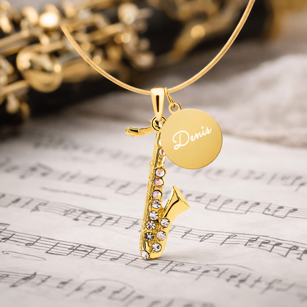 Personalized Saxophone Pendant & Engraved Charm Necklace