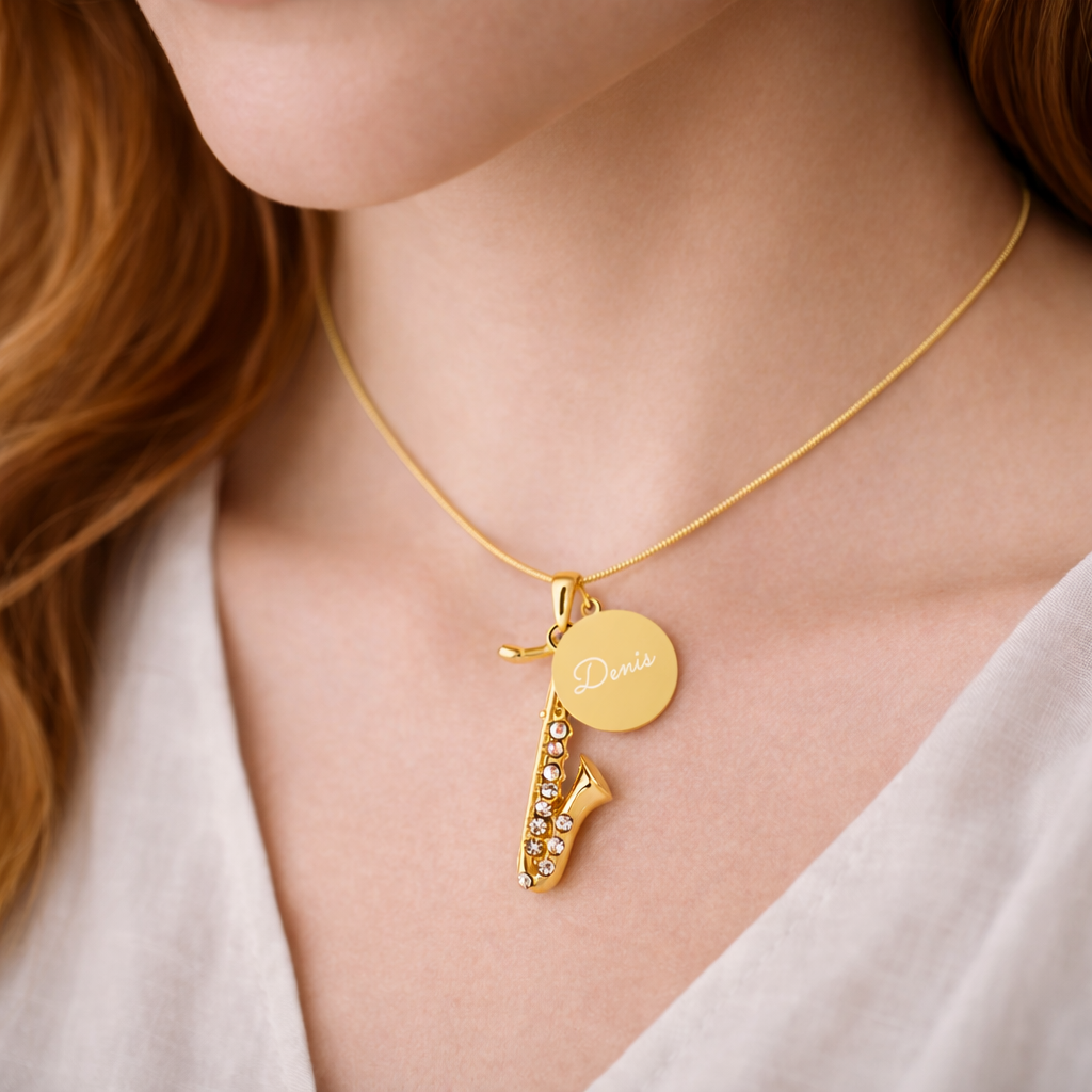 Personalized Saxophone Pendant & Engraved Charm Necklace