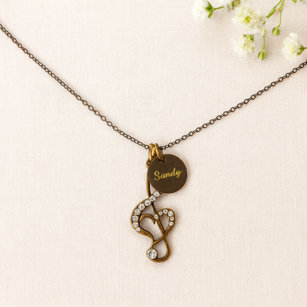 Antique Bronze Treble Clef Necklace with Engraved Coin