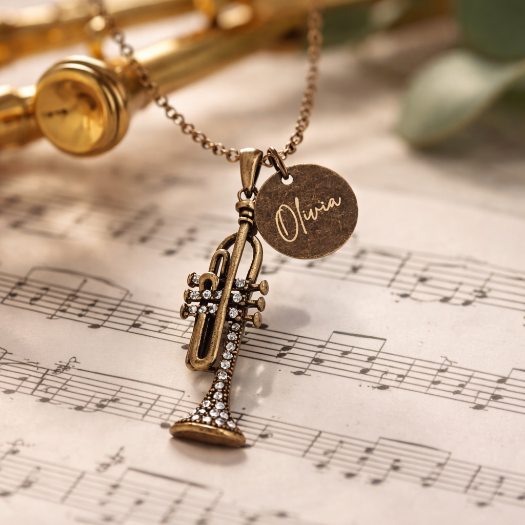 Antique Bronze Rhinestone Trumpet Necklace with Engraved Coin