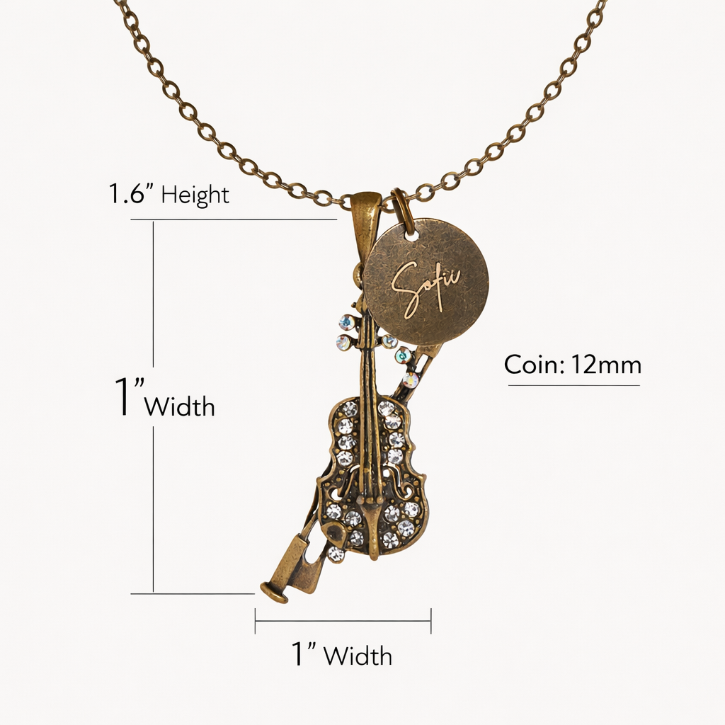 Antique Bronze Rhinestone Violin Necklace with Engraved Coin