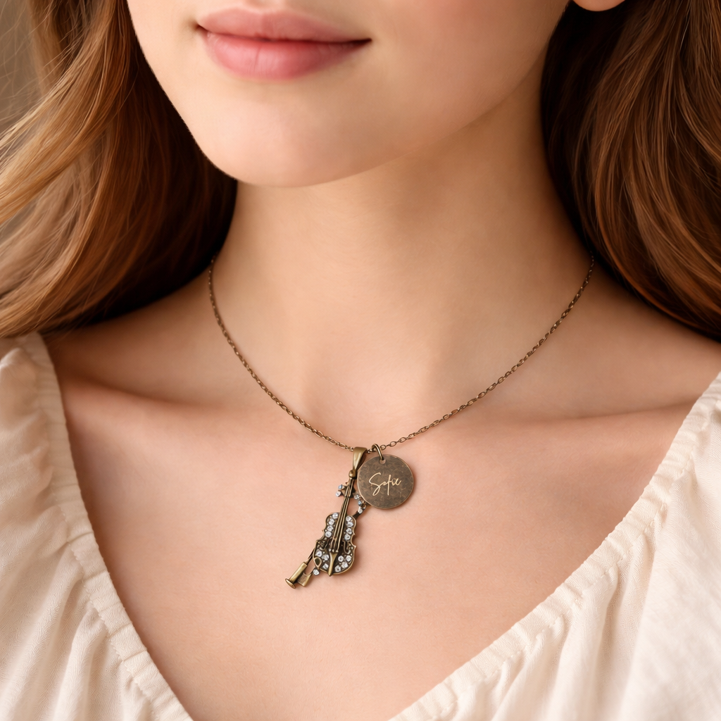 Antique Bronze Rhinestone Violin Necklace with Engraved Coin