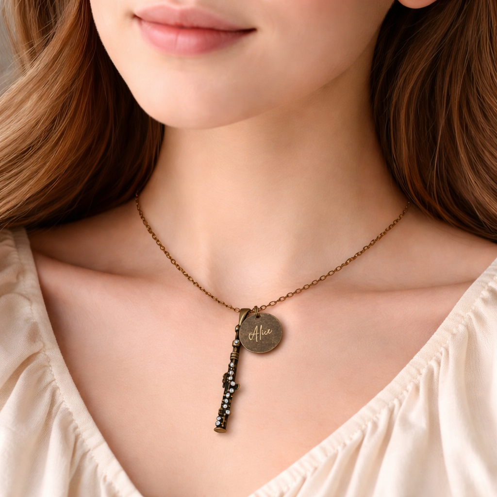 Antique Bronze Rhinestone Flute Necklace with Engraved Coin