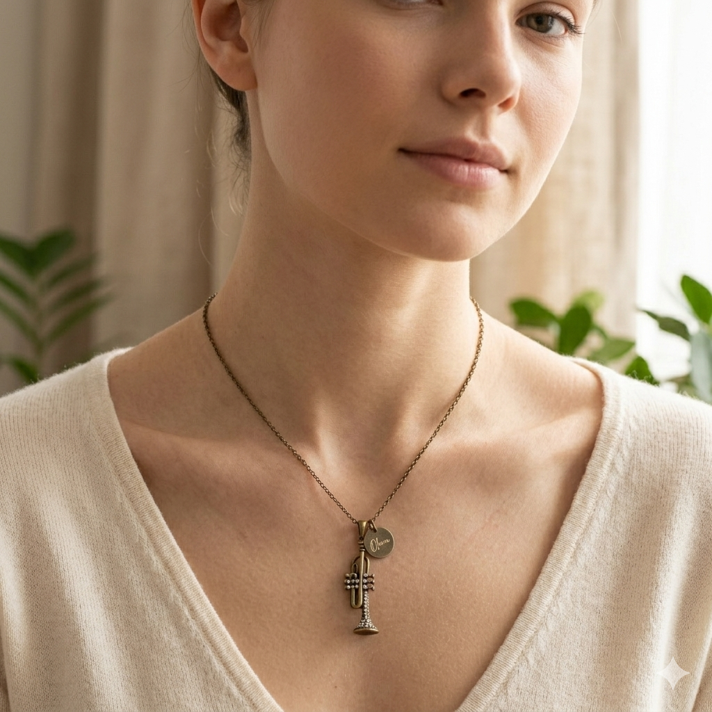 Antique Bronze Rhinestone Trumpet Necklace with Engraved Coin