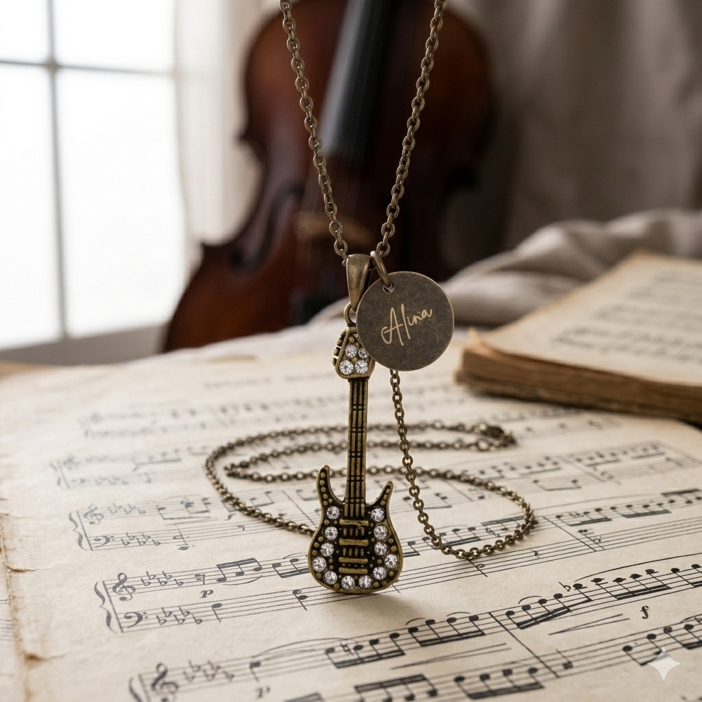Antique Bronze Guitar Necklace