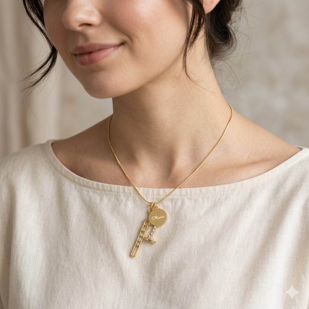 Personalized Trombone Pendant & Engraved Charm Necklace
