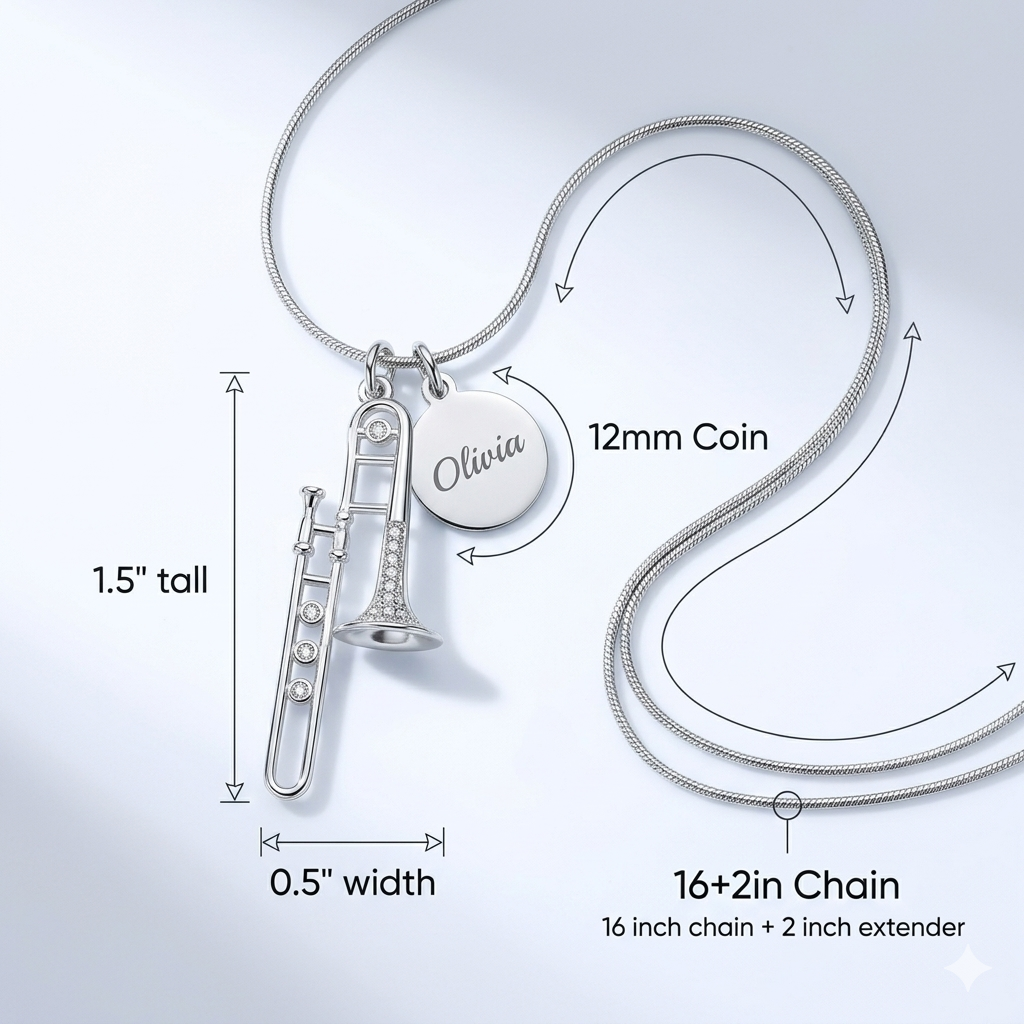Personalized Trombone Pendant & Engraved Charm Necklace