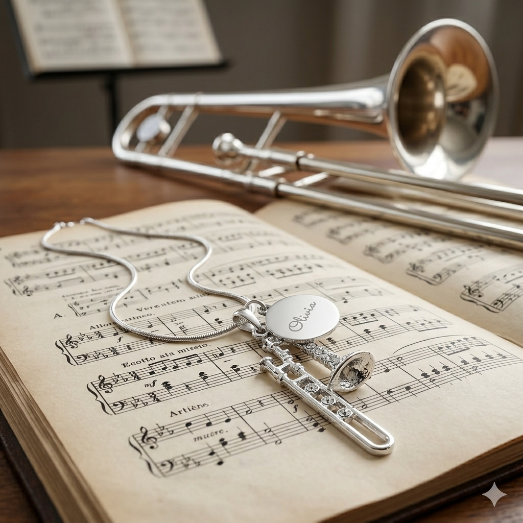 Personalized Trombone Pendant & Engraved Charm Necklace
