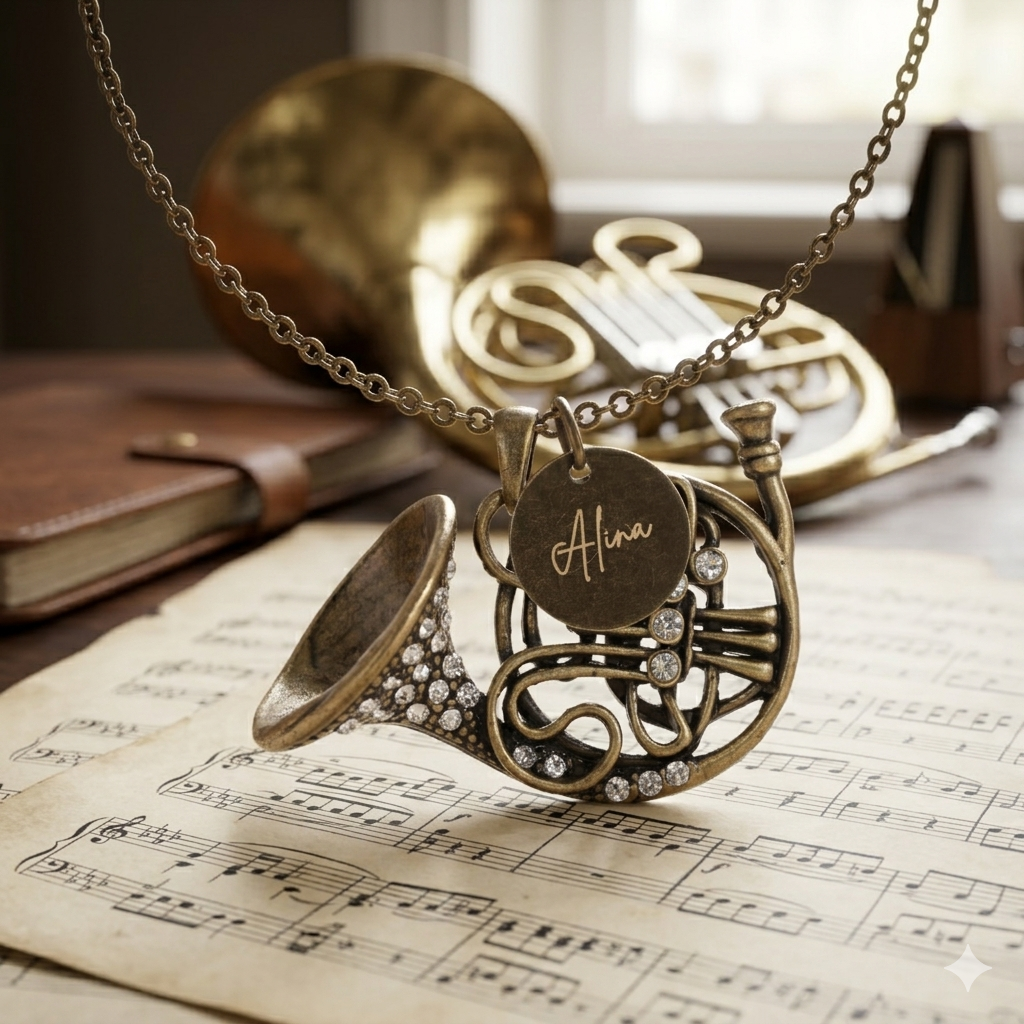 Antique Bronze French Horn Necklace with Engraved Coin