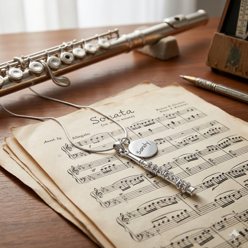 Personalized Rhinestone Flute & Engraved Coin Charm Necklace
