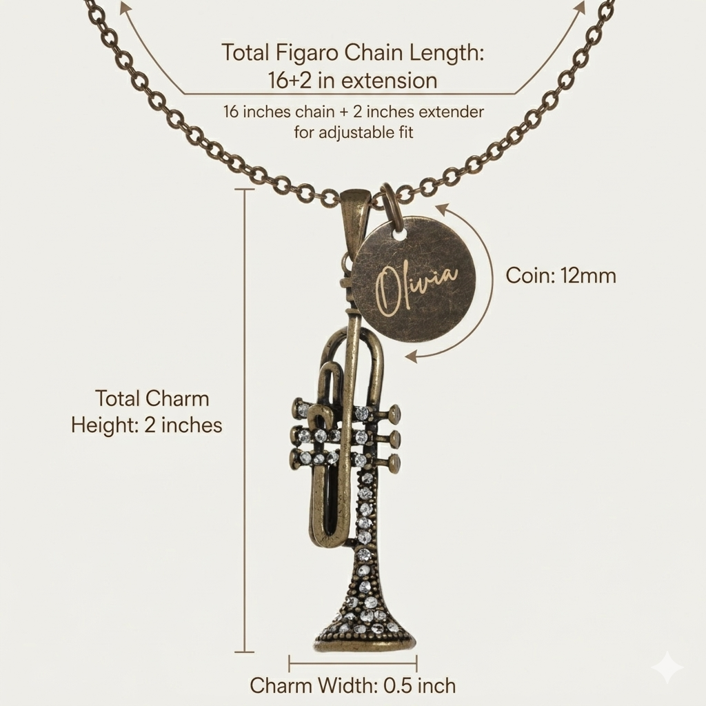 Antique Bronze Rhinestone Trumpet Necklace with Engraved Coin