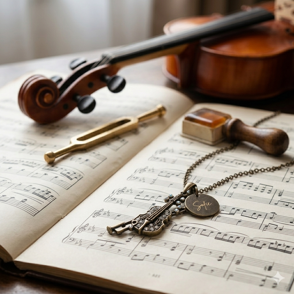 Antique Bronze Rhinestone Violin Necklace with Engraved Coin