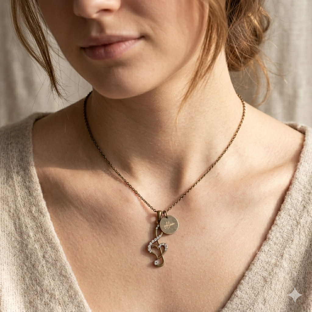 Antique Bronze Rhinestone Treble Clef Necklace with Engraved Coin