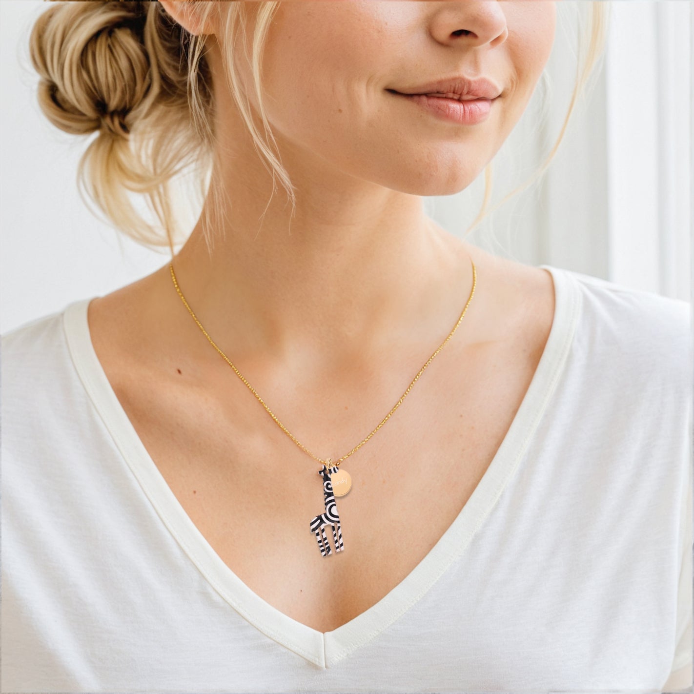 Whimsical Long Neck Necklace with Personalized Coin charm