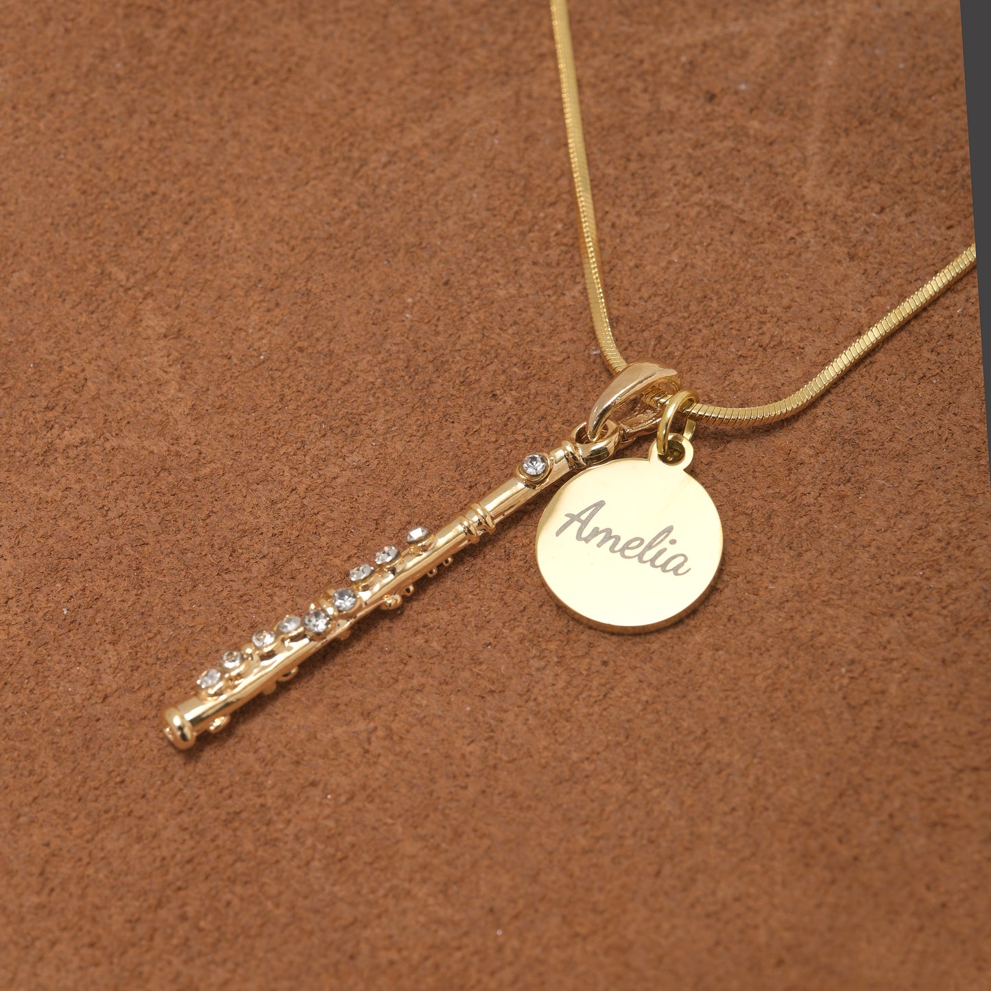 Personalized Rhinestone Flute & Engraved Coin Charm Necklace