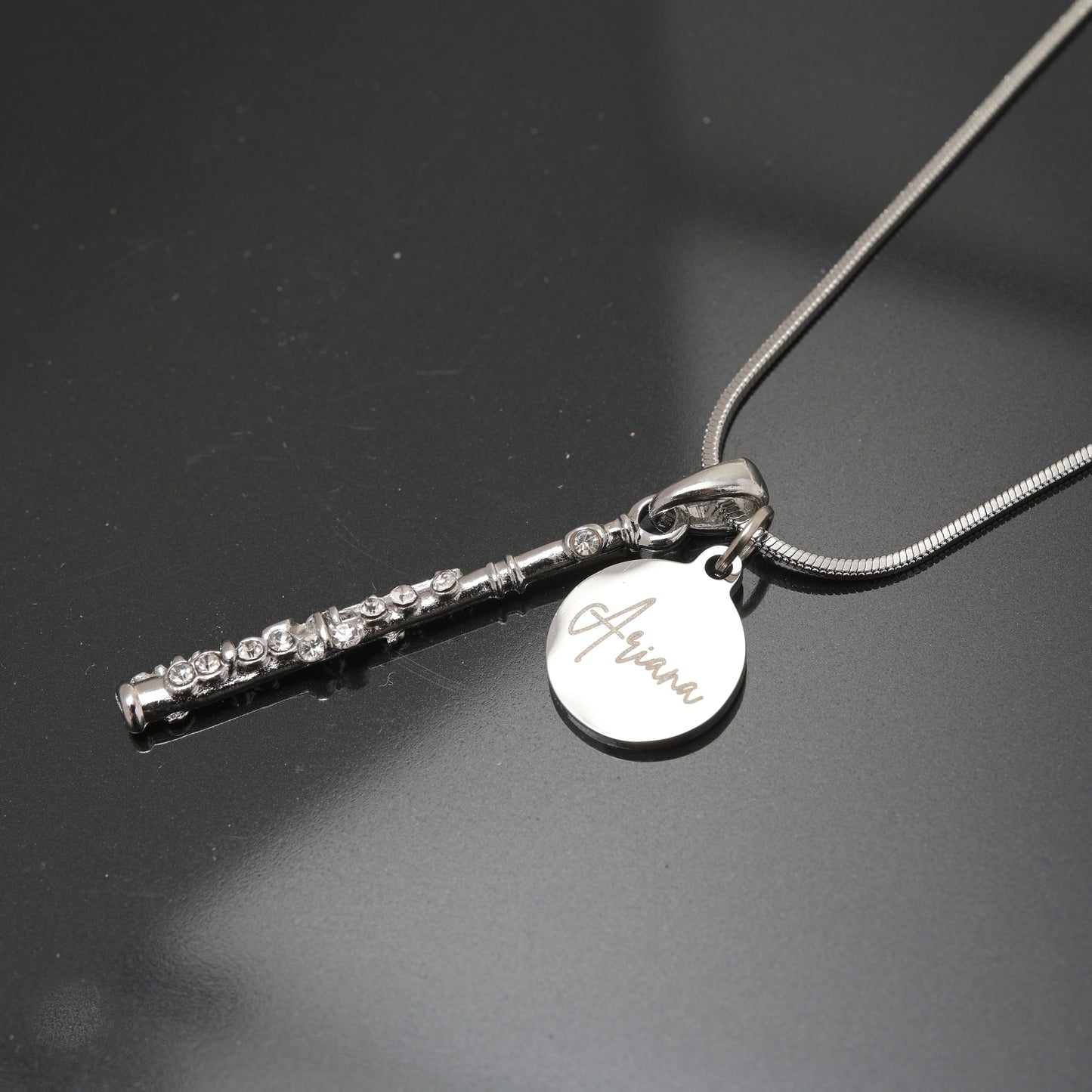 Personalized Rhinestone Flute & Engraved Coin Charm Necklace