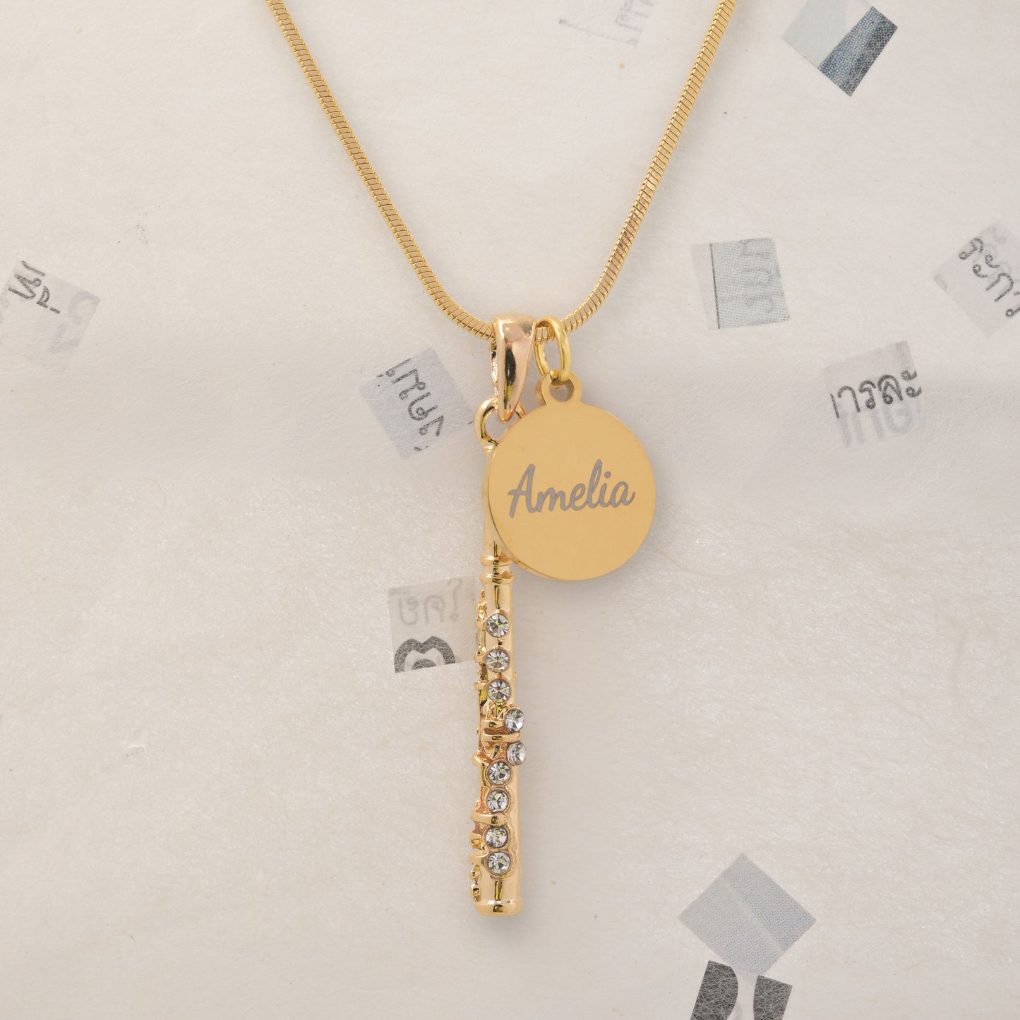 Personalized Rhinestone Flute & Engraved Coin Charm Necklace