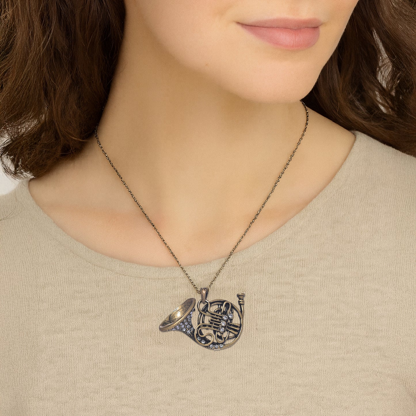 Antique Bronze French Horn Necklace with Engraved Coin