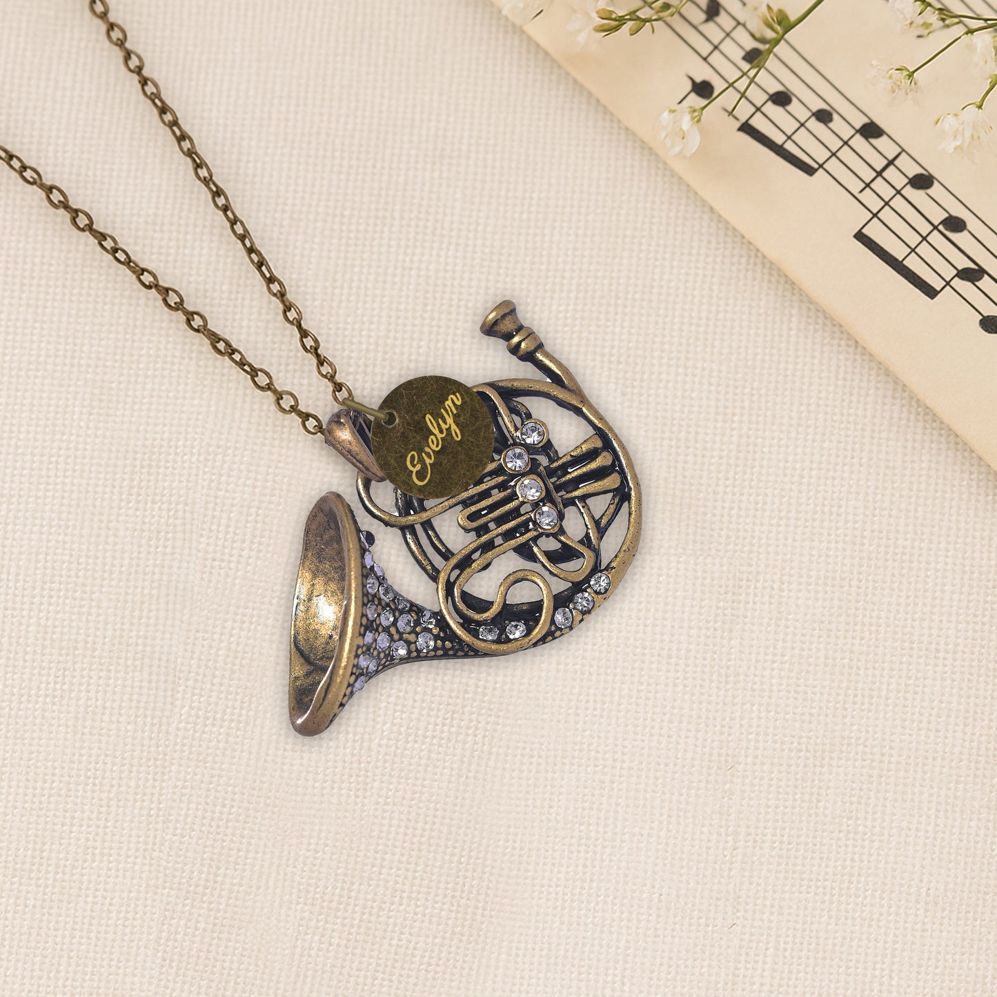 Antique Bronze French Horn Necklace with Engraved Coin