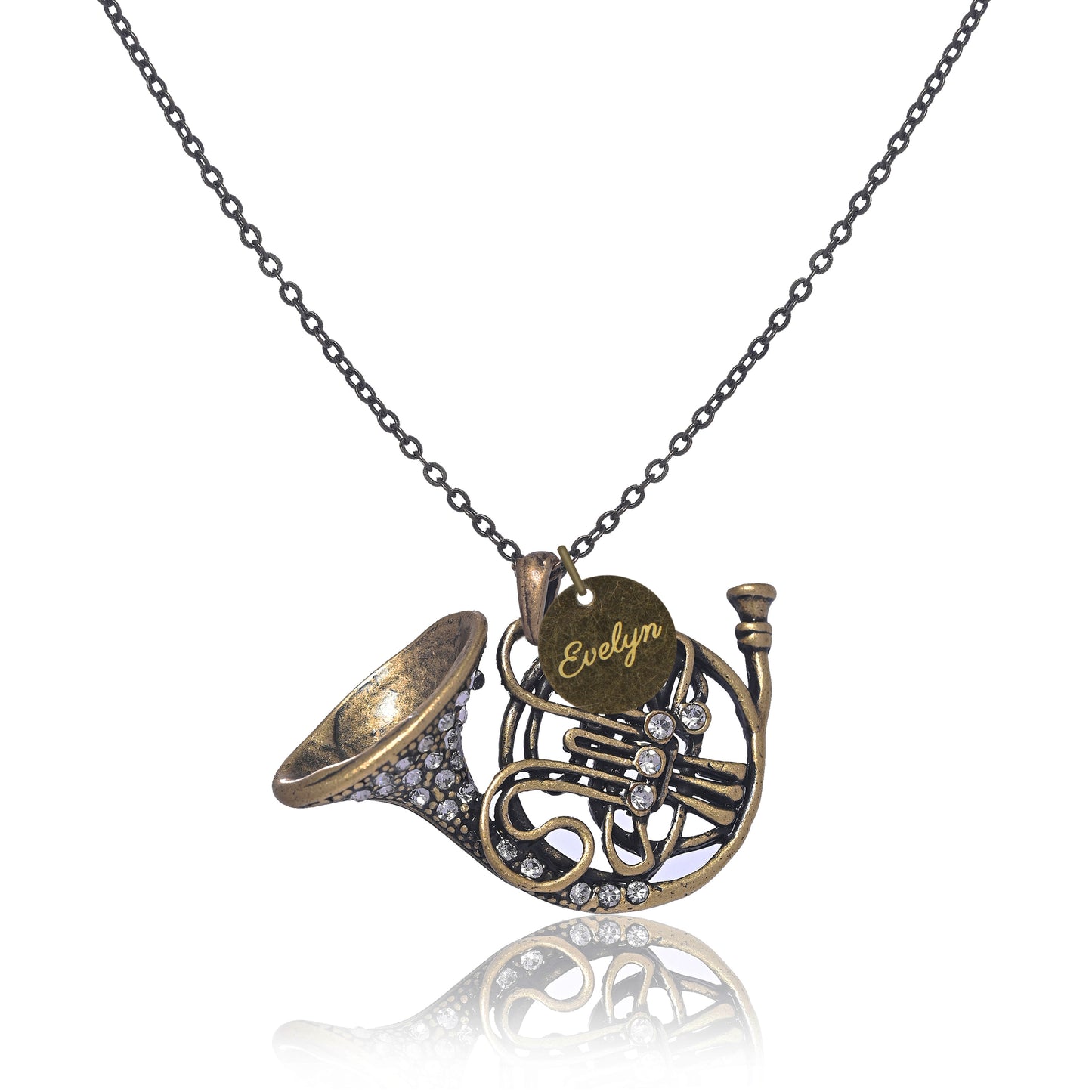 Antique Bronze French Horn Necklace with Engraved Coin