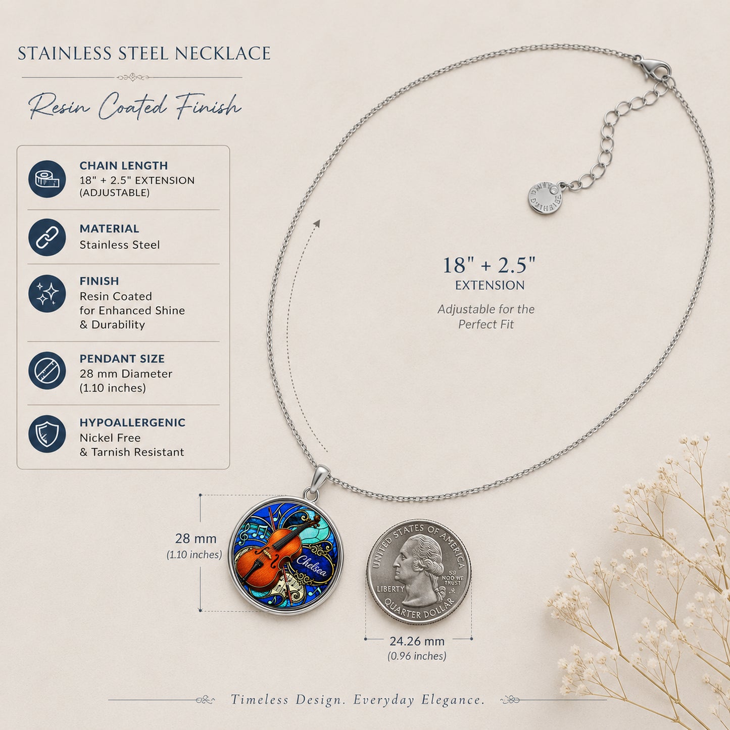 Personalized Cello Necklace with name and optional engraving on back