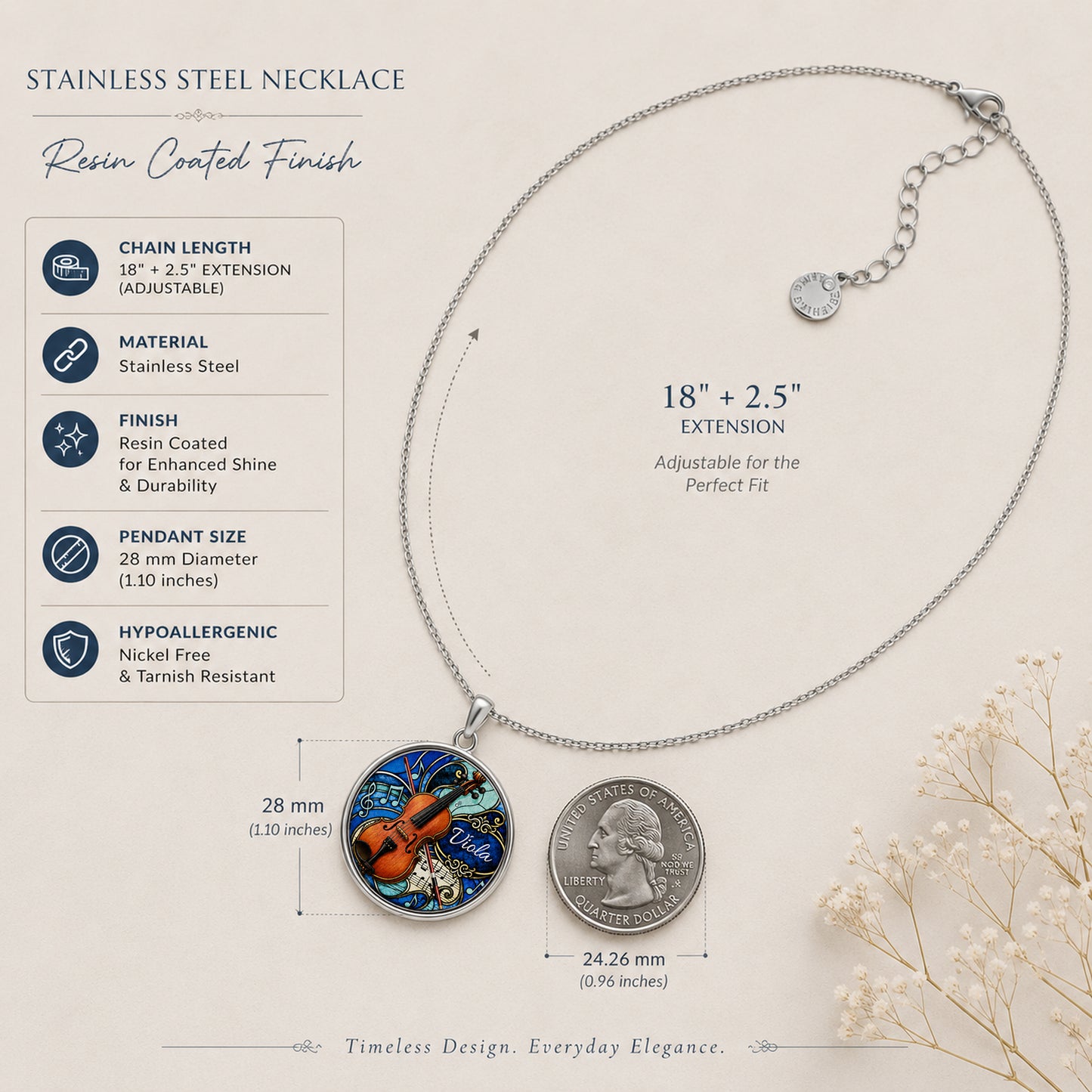 Personalized Viola Necklace with name and optional engraving on back