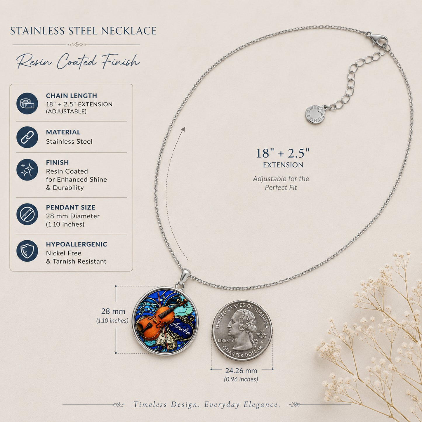 Personalized Viola Necklace with name and optional engraving on back
