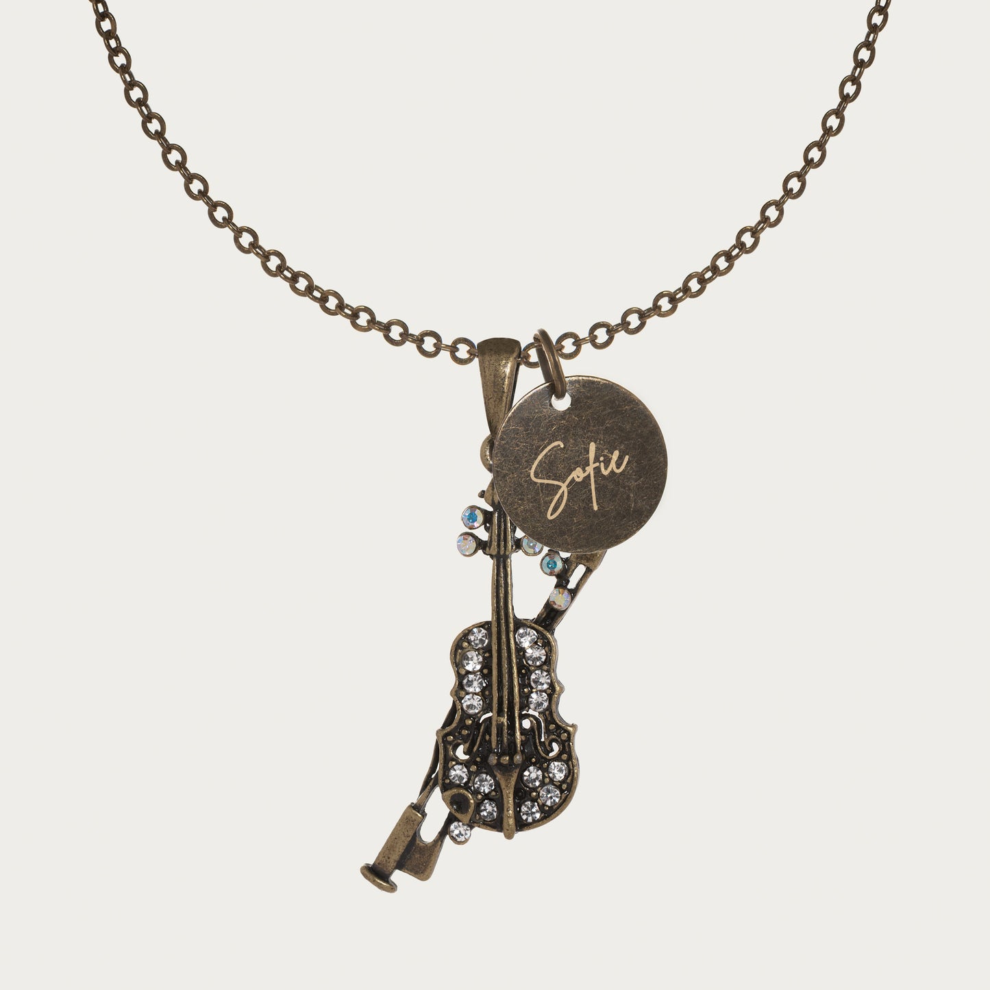 Antique Bronze Rhinestone Violin Necklace with Engraved Coin