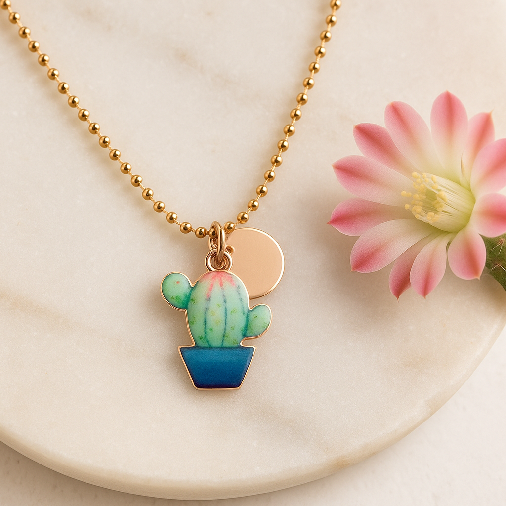 Whimsical Cactus in Pot Necklace with Personalized Coin charm