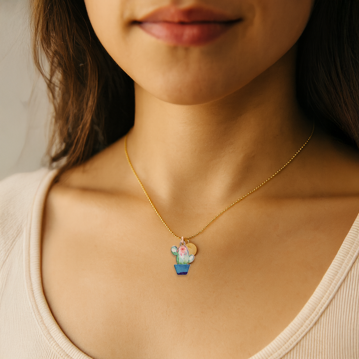 Whimsical Cactus in Pot Necklace with Personalized Coin charm