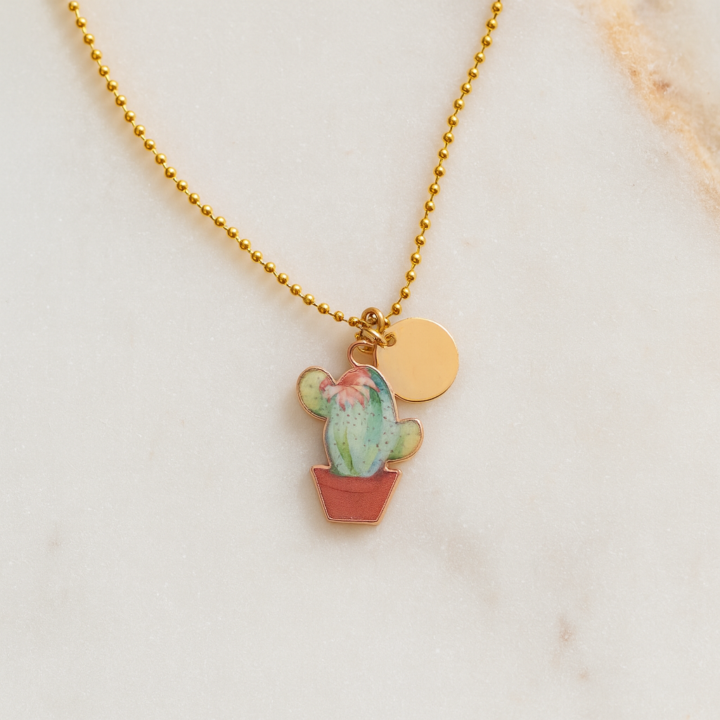 Whimsical Cactus in Pot Necklace with Personalized Coin charm