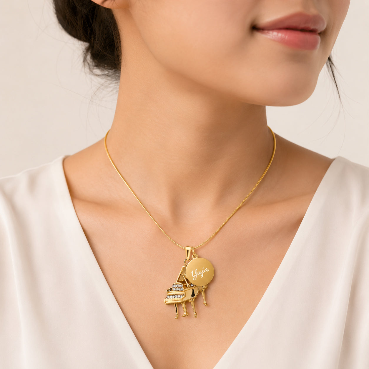 Personalized Piano Pendant & Engraved Charm Necklace with Coin Charm