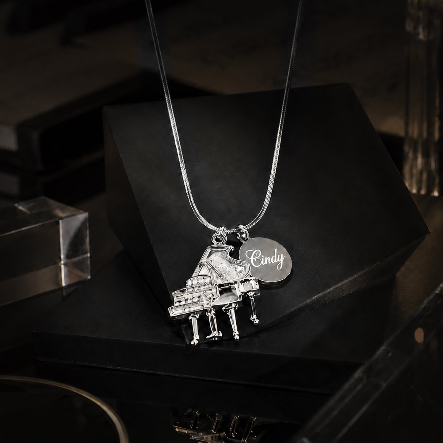 Personalized Piano Pendant & Engraved Charm Necklace